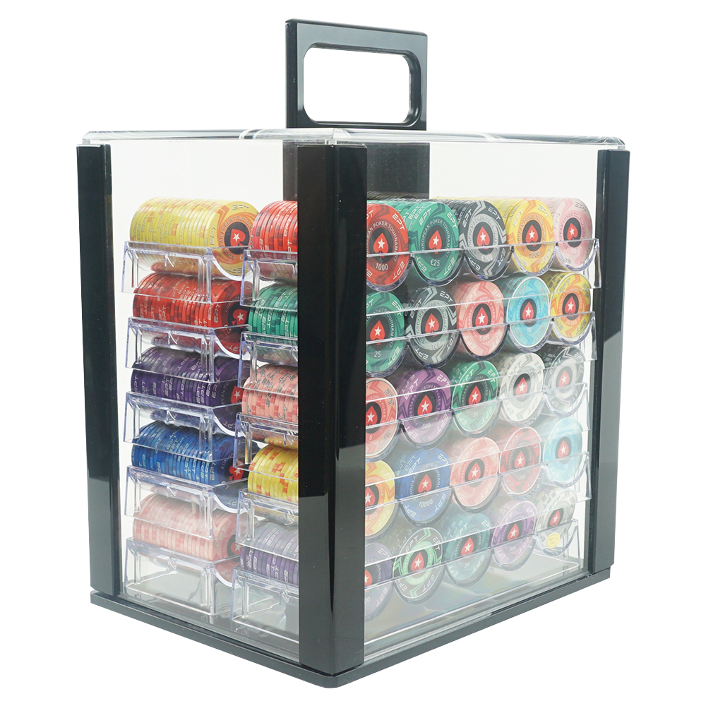 Factory Supply 1000ct clear Acrylic Poker Chip Bird Cage Carrier case with Lock Include 10 Racks Storage 43mm Casino Poker Chip